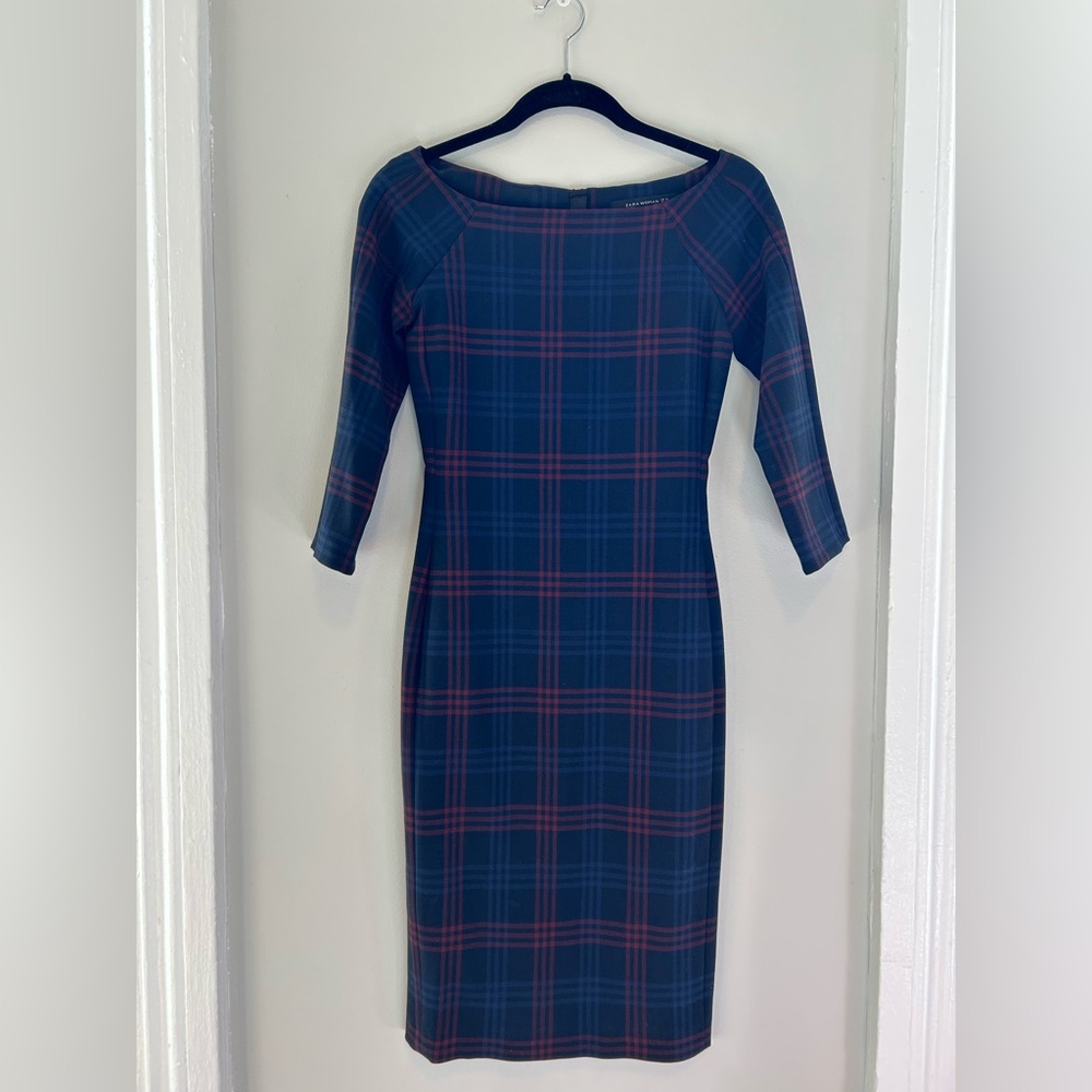 Zara Fitted Plaid Boat Neck Dress